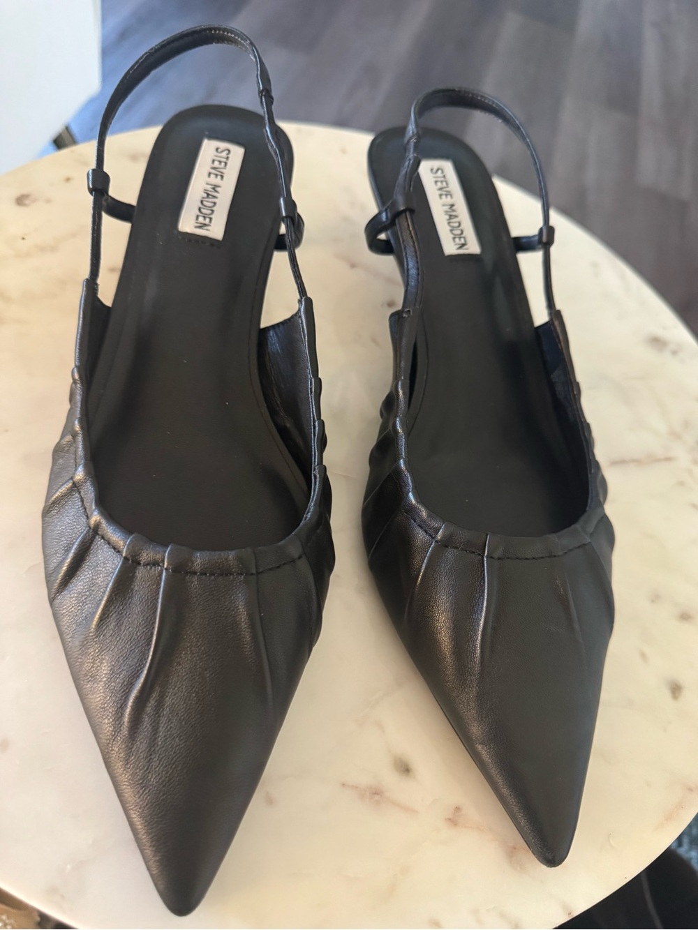 Steve Madden Black Ruched Pointed Slingback Flats
